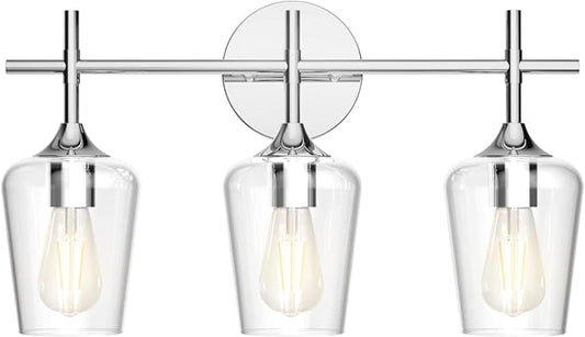 Ralbay Vintage 3 Light Vanity Light Fixture Industrial Chrome Bathroom Light Fixtures Over Mirror Clear Glass Chrome Vanity Light for Bathroom Wall Lighting Fixtures Over Mirror