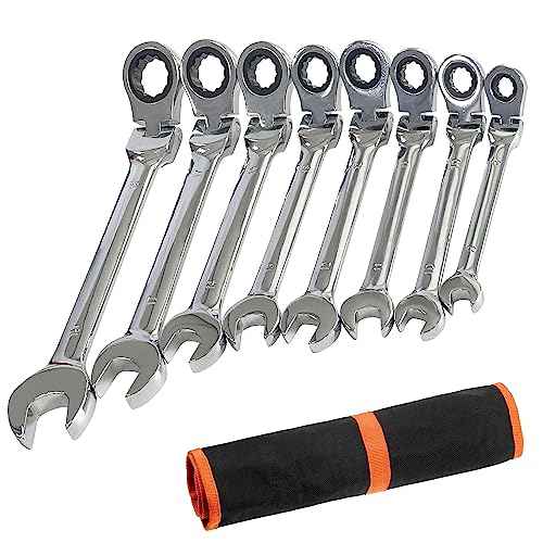 8 Piece Flex-Head Ratcheting Combination Wrench Set, 8-19mm Metric Chrome Vanadium Steel Spanner, Gear Ring Ratchet Wrenches with Rolling Pouch
