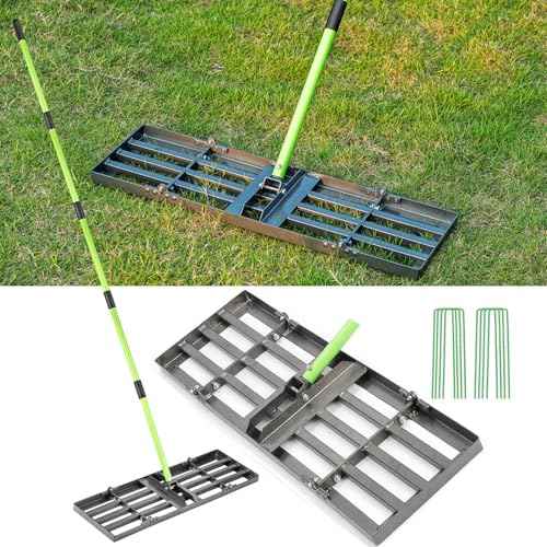 Lawn Leveling Rake 30x10 inch,Stainless Steel Lawn Leveler with Green Positioning Stakes,78" Adjustable Long Handle,Heavy Duty Level Lawn Tool for Backyard, Garden, Golf Course, Farm, Pasture