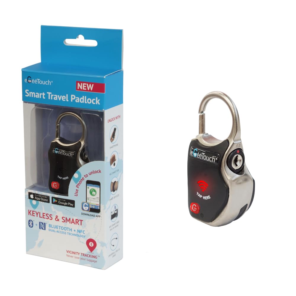 eGeeTouch Smart Travel Padlock with Patented Dual Access Technologies (NFC + BT), Vicinity Tracking, etc. (BLACK)