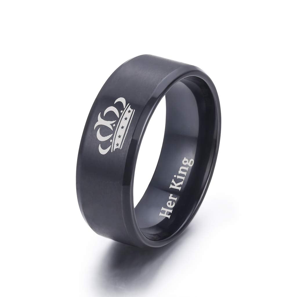 LAVUMO King and Queen Rings for Couples - 2pcs His Hers Stainless Steel Matching Ring Sets for Him and Her - Promise Engagement Wedding Band Black Comfort Fit (Men 10 & Women 9)