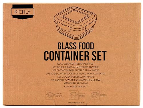 KICHLY Glass meal prep containers - Set of 18 pcs (9 Containers and 9 Lids) - Airtight Storage glass food containers with lids for Freezer - Snap locking, Dishwasher safe, Oven Friendly, & BPA Free