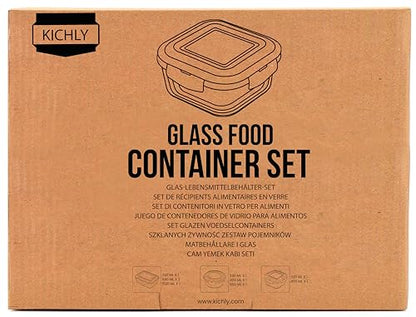 KICHLY Glass meal prep containers - Set of 18 pcs (9 Containers and 9 Lids) - Airtight Storage glass food containers with lids for Freezer - Snap locking, Dishwasher safe, Oven Friendly, & BPA Free