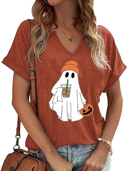 V Neck Fall Shirts for Women Cute Ghost Graphic Shirts Halloween Tops Thanksgiving Tee(THR05DBN,Large)