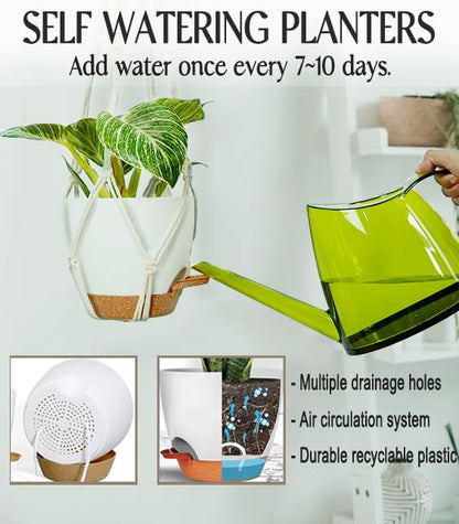 Bouqlife Hanging Planters with Macrame Plant Hangers for Indoor Outdoor Plants 3 Set Self Watering Pots Hanging Baskets Flower Pot Holders 3 Different Size