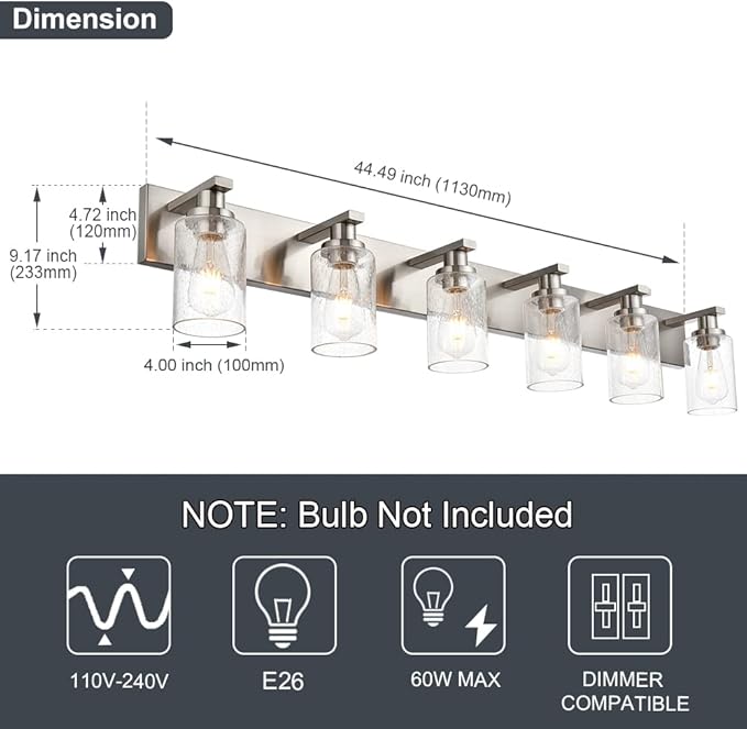 Bathroom Light Fixtures with Seeded Glass Shades, 6-Lights Vanity Lights Wall Mount Home Lighting for Kitchen Over Mirror