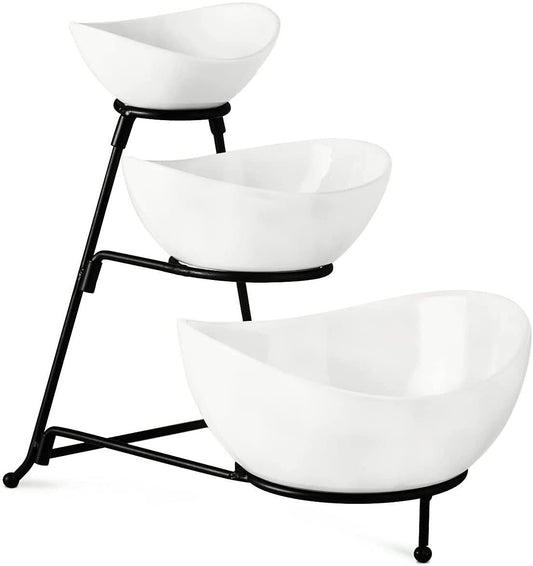 Gomakren 3 Tiered Oval Serving Bowl With Collapsible Metal Rack, Chip and Dip Serving Set, Dessert Appetizer, Candy, Fruit, Vegetable Bowl Set, Halloween Serving Bowls For Entertaining (Black Stand)