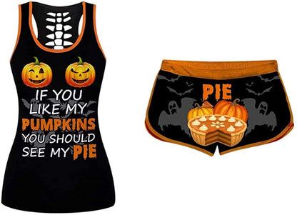Pukdaswr Women's Halloween Sleeveless Tank Top Set If You Like My Pumpkin Printing Drawstring Shorts Stretch Bottoms Suits (Orange, M)