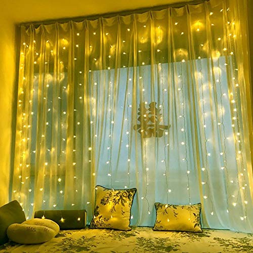 2MX2M Curtain Lights Mains Powered, Window Curtain Light Backdrop Indoor Fairy Lights Plug in for Room, Linkable,204 LED,Remote,Waterproof for Wall Gazebo Xmas(Warm White)