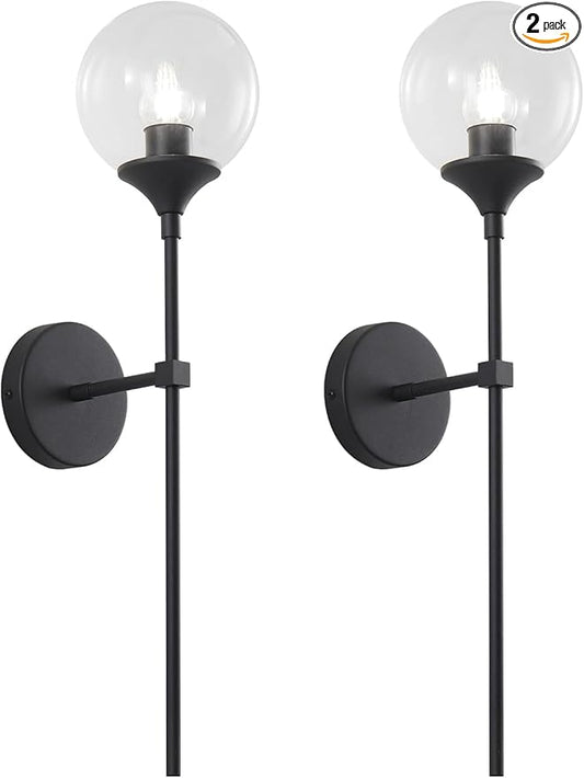 KCO Lighting Matte Black Industrial Wall Sconces Set of Two 1-Light Mid Century Bathroom Wall Mounted Light Sconce Modern Clear Bubble Glass Globe Wall Sconce Lamp Set of 2