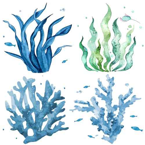 GORGECRAFT 4Pcs Seaweed Window Decals 16cm Summer Window Clings Ocean Themed Stickers Watercolor Marine Animals Removable Waterproof Decals for Summer Home Decorations Under The Sea Party Supplies