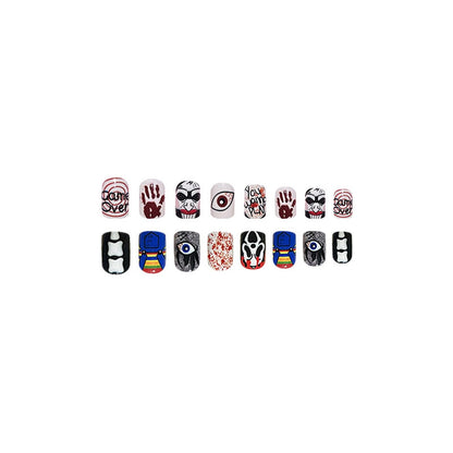 Halloween Short Press on Nails Square Fake Nails Scary Movie Characters Bloody Halloween Glue on Nails False Nails with Designs Holiday Halloween Manicure Art Decorations for Women 24Pcs