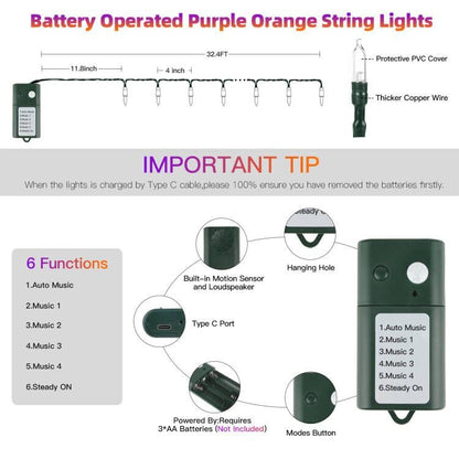 Tcamp Battery Operated Halloween Lights Motion Activated Sync with Music, 33FT 100 LED Orange Purple String Lights with Spooky Music for Outdoor Indoor Halloween Decor (6 Lighting Modes)
