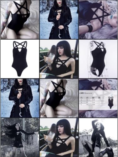 LJJPMLLPZ Women Hollow Out Low Chest Pentagram Bodysuit Gothic Dark Street Jumpsuit (S)
