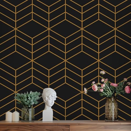 LiKiLiKi Black and Gold Peel and Stick Wallpaper - Modern Geometric, 17.3''118'' Self Adhesive, Removable Decorative Vinyl for Drawer, Shelf, Cabinets