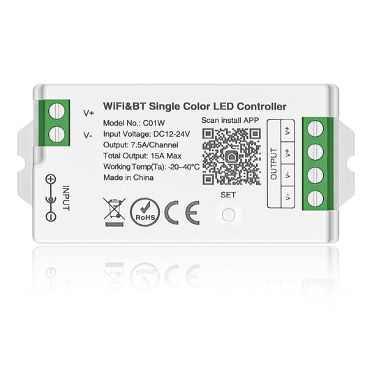 BTF-LIGHTING C01W Monochrome PWM (+V -V) 2PIN LED Strip Dim Brightness 2.4GHz Tuya WiFi Group Controller Alexa Google Home Smartphone APP Control Compatible with WR02RF RC01RFB Remote