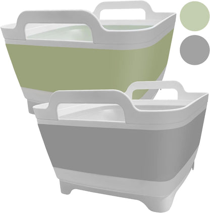 Ikaufen 2PCS Dishpan for Washing Dishes, 9L(2.4Gallon) Collapsible Wash Basin with Drain Plug Carry Handles, Collapsible Bucket for Cleaning, Vegetable Washing, RV(Green + Grey)