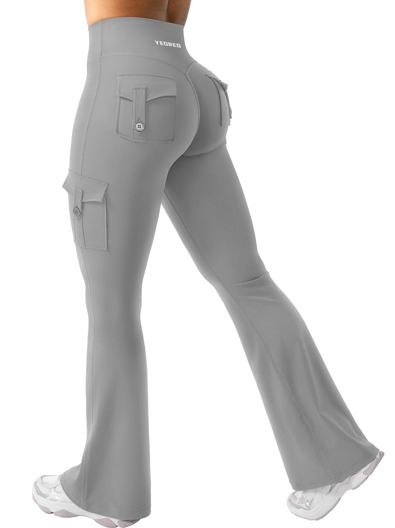 YEOREO CoreFlex Women Workout Flare Leggings with Pockets Hidden Scrunch High Waisted Cargo Gym Yoga Leggings Light Grey L