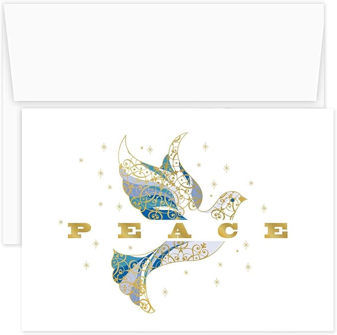 Masterpiece Elegant Dove Christmas Cards / 15 Religious Dove Holiday Cards Set With Gold Foil And White Envelopes / 5 5/8" x 7 7/8" Greeting Cards With Inside Verse