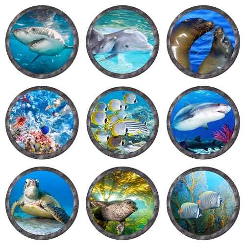 Ocean Animal Wall Decals 11 Inch Porthole Design Set for Nursery/Classroom- Easy Apply & Durable Adhesive (Set of 9)