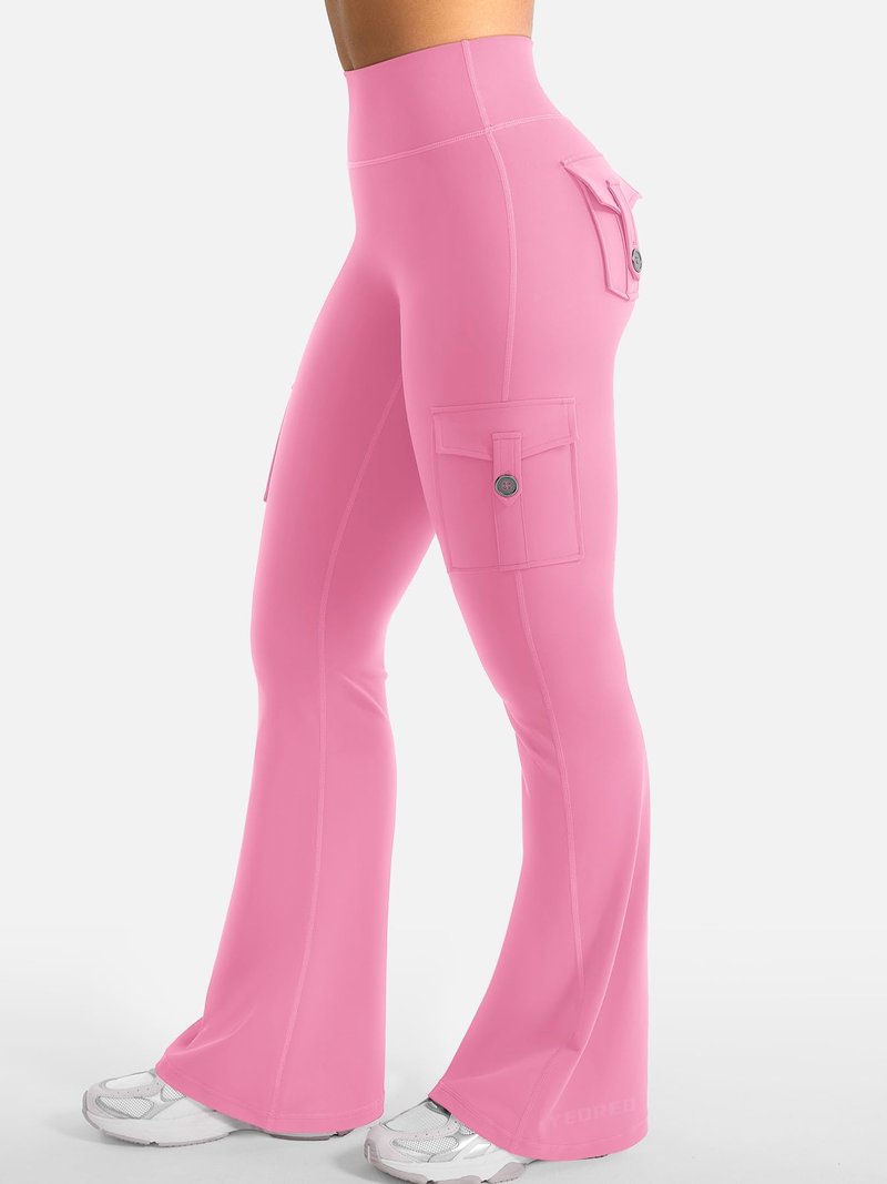 YEOREO CoreFlex Women Workout Flare Leggings with Pockets Hidden Scrunch Cargo Gym Yoga No Front Seam Leggings Pink XL