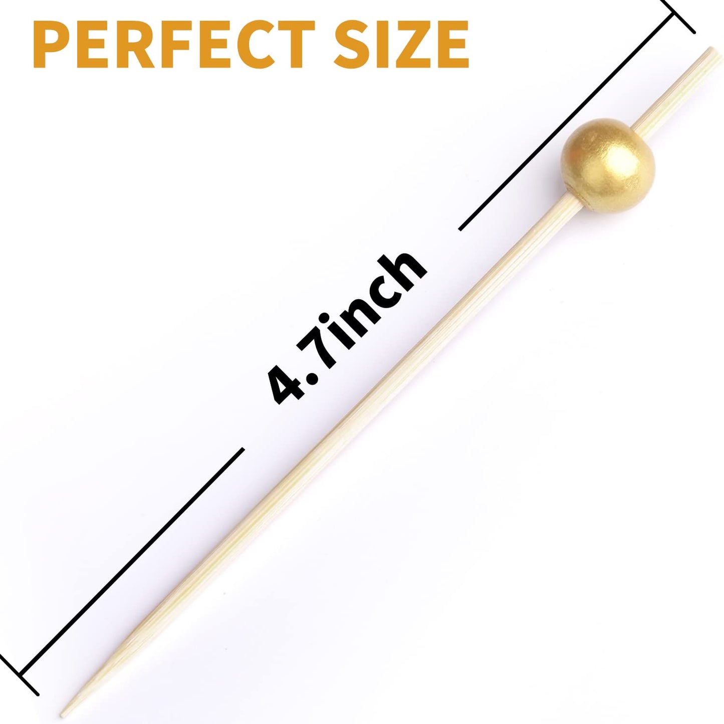 200PCS Cocktail Picks, Fancy Toothpicks for Appetizers, Decorative Bamboo Skewers for Appetizers Drinks Fruit, 4.7 Inch Long Wooden Gold Pearl Food Sticks Charcuterie Boards Accessories Party Supplies