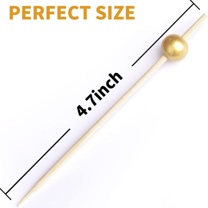 200PCS Cocktail Picks, Fancy Toothpicks for Appetizers, Decorative Bamboo Skewers for Appetizers Drinks Fruit, 4.7 Inch Long Wooden Gold Pearl Food Sticks Charcuterie Boards Accessories Party Supplies