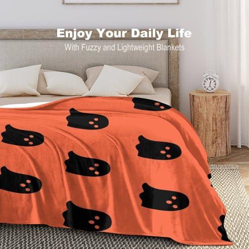 Soft Ghost Throw Blanket Warm Halloween Blanket Cozy Fluffy Lightweight Halloween Blanket for All Seasons Ghost Cute Blanket for Living Room Sofa Bed, 50"x60", Orange
