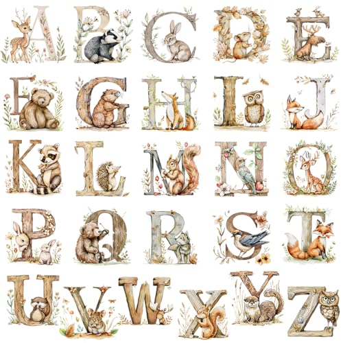 Woodland Alphabet Wall Decals Watercolor Animal ABC Wall Decals Peel and Stick Educational Nursery Stickers for Playroom Classroom Decoration