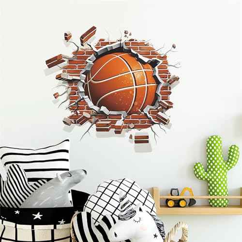 Broken Wall Basketball Wall Stickers, sacinora 3D Sport Wall Decals Brickyard Removable Vinyl Peel and Stick for Kids Teens Boys Bedroom Nursery Playroom Art Home Decorations