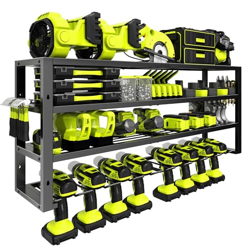Large Power Tool Organizer Wall Mount,4 Layers 8 Drill Holder Heavy Duty Metal Cordless Tool Storage Loads 420lbs with Screwdriver Holder,Utility Racks for Garage, Workshop, Pegboard, Shed - 32 Inch