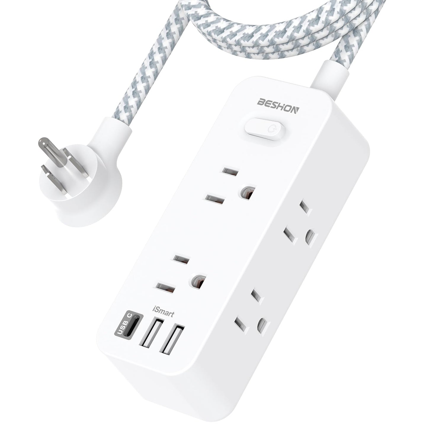 Power Strip Surge Protector, BESHON 5Ft Extension Cord, 6 Outlets with 4 USB Ports (2 USB C Outlet), 3-Side Outlet Extender, Wall Mount, Compact for Travel, Home, School, College Dorm Room and Office