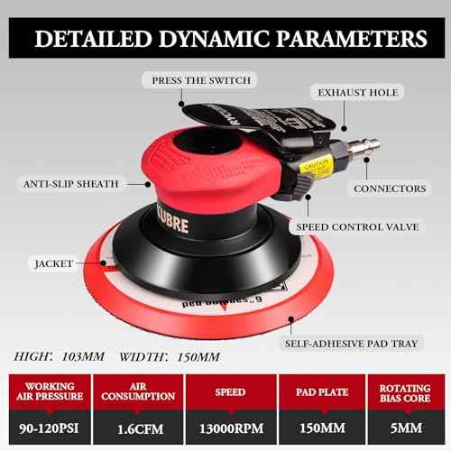 pneumatic Air Sander 5/6 Inch DA Palm Sander for auto body, High Speed Random Orbital Sander for Woodworking & Auto Polishing (6 Inch)