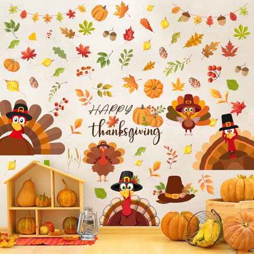 ReliThick 6 Sheets Thanksgiving Wall Decals Turkey Pumpkin Maple Leaves Stickers Thanksgiving Peel and Stick Fall Decor for Home Bedroom Bathroom Wall Door Window Decor