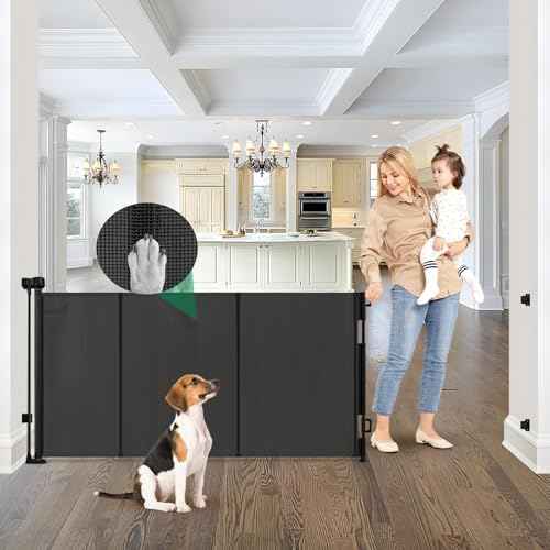 Reinforced 85" Wide Retractable Baby Gates Extra Wide Retractable Dog Gate with Support Rods ? Prevent Crawling Under, Indoor Wide Baby Gate Outdoor Retractable Gate, Puppy Gates for The House, Black