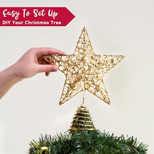 Joiedomi 8 inch Christmas Gold Glitter Star Tree Toppers Metal Lighted with 20 LED Lights for Xmas Decorations, Holiday Party Indoor Decor