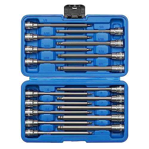 EMENTOL 18PCS 3/8" Drive Long Ball-End Hex Bit Socket Set, CR-V, S2 Steel, SAE/Metric, Extra Long Allen Bit Socket Set, 1/8 Inch - 3/8 Inch, 3mm - 10mm