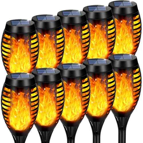 Solar Lights Outdoor, Upgraded 10 Pack Solar Torch Lights Outdoor Flickering Flame for Garden Decor, Waterproof Outdoor Lights Solar Powered, Tiki Torches for Outside Yard Patio Pathway Decor
