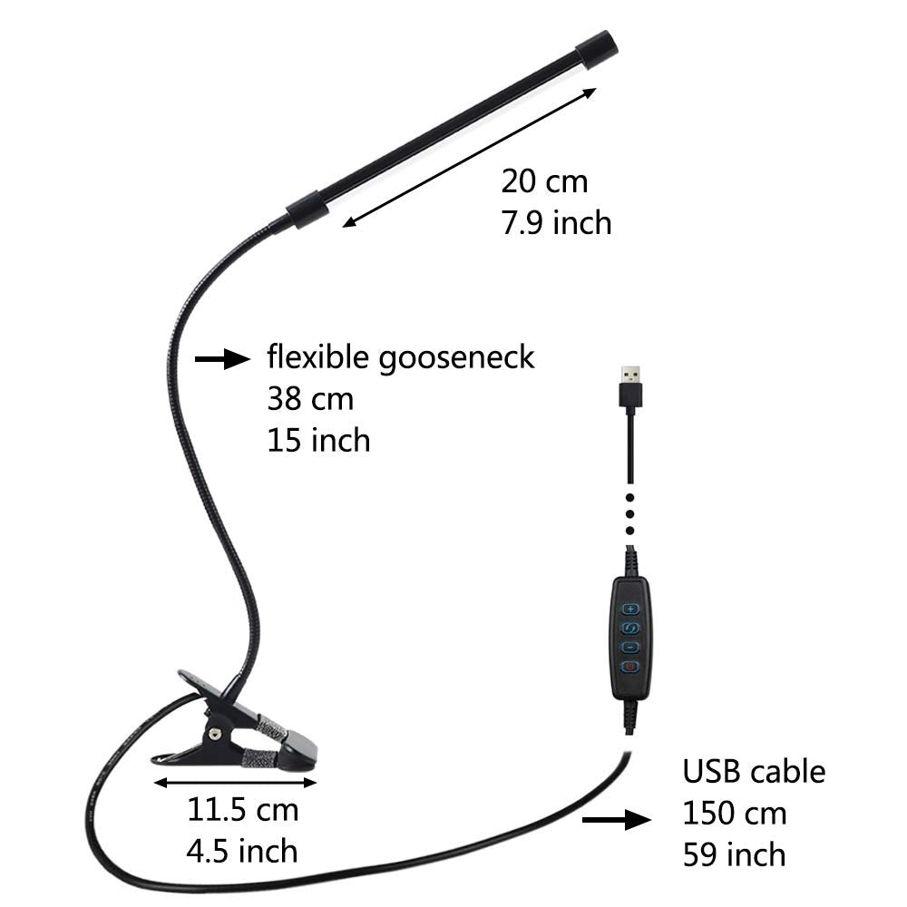 LED Clip Desk Lamp, Reading Light Study Lamp Eye Care Protection With 10 Dimmable Brightness & 3 Light Modes, USB Powered Flexible Gooseneck Clamp For Bed Headboard Table Office Lights, 7W (Black)