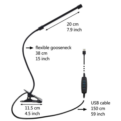 LED Clip Desk Lamp, Reading Light Study Lamp Eye Care Protection With 10 Dimmable Brightness & 3 Light Modes, USB Powered Flexible Gooseneck Clamp For Bed Headboard Table Office Lights, 7W (Black)