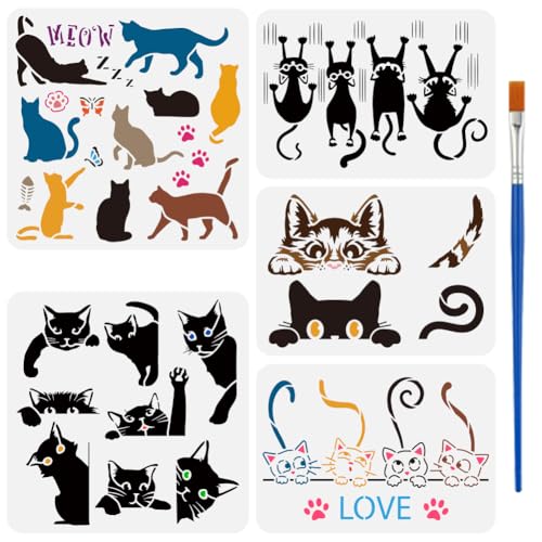 FINGERINSPIRE 5 PCS Peeking Cat Painting Stencil with 1 Pc Paint Brush Reusable 5 Styles Cat Pattern Painting Stencil Animal Cat Stencil for Painting on Wood Floor Wall Furniture DIY Home Decor