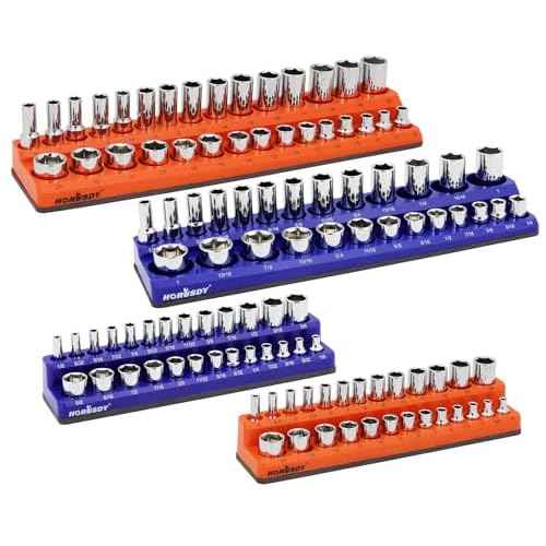 HORUSDY 4-Piece Magnetic Socket Organizer Set, Holds 1/4" & 3/8" SAE & Metric Standard/Deep Sockets, Strong Rubberized Magnetic Base, Durable Plastic Socket Holder for Toolbox & Workbench