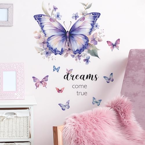 Dream Purple Butterflies Wall Stickers, sacinora Art Butterfly Dreams Come True Wall Decals Removable Vinyl Peel and Stick for Living Room Bedroom Nursery Playroom Children¡¯s Room Decorations