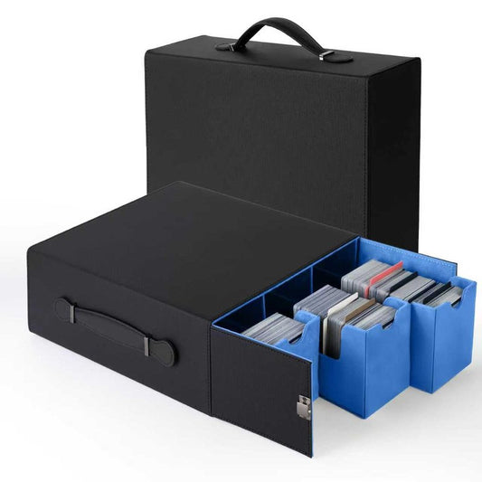 Gvirtcoz Trading Card Storage Box, 3-Row Deck Case with Handle, 2500+ Card Organizer with 8 Colorful Dividers & 3 Stoppers for MTG TCG PTCG Sports Card, Black & Blue