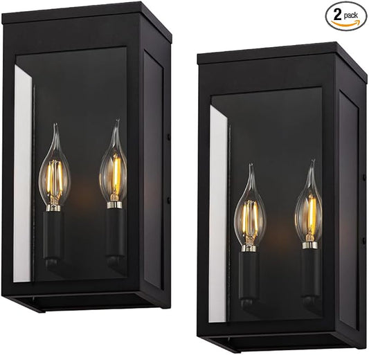 Cerdeco Black Outdoor Wall Light with Clear Glass,Modern Outdoor Wall Sconce with 2*E12 Socket,2 Pack(ETL Listed)