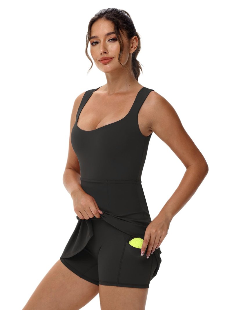 Wenlia Tennis Dress for Women with Built in Shorts Womens Athletic Dresses Active Workout Skort Dress with Pockets Black M