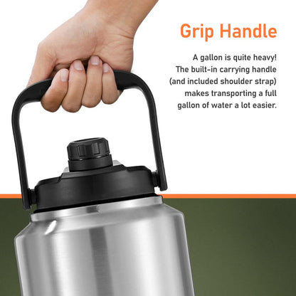 Rangland Insulated 1 Gallon Water Bottle with Sleeve - Stainless Steel Wide Mouth Growler with Tactical Carrying Bag - Insulation for Hot/Cold Drinks (128oz)