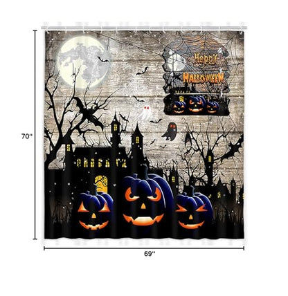 JAWO Halloween Shower Curtain Set, Ghost Pumpkin Horror Bat Rustic Farmhouse Decor Fall Autumn Festival Bath Curtains, 69x70 Inch, Hooks Included