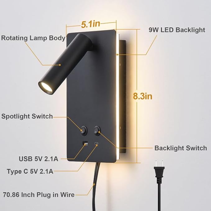 MOLUOLA LED Wall Lamp Wall Mounted Reading Lights, Adjustable Headboard Plug in Wall Sconce with USB C+A Ports, Headboard Bedside Lamp with 9W+3W Night Light 3000K (Black)