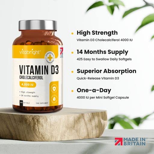 Vitamin D3 4000 IU Daily | 425 Softgels - 14 Month Supply | High Strength Vitamin D Tablets | Sugar-Free Softgels, NOT VIT D Gummies | VitaBright VIT D3 Supplements for Women & Men